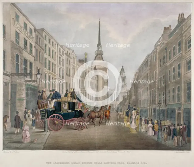 The Cambridge coach leaving the Nelson Inn, Belle Sauvage Yard, Ludgate Hill, London, 1818. Artist: Charles Joseph Hullmandel
