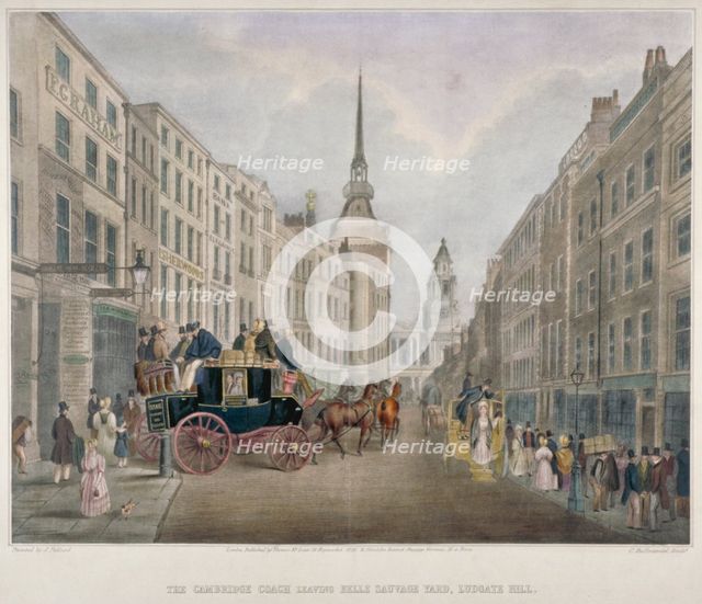 The Cambridge coach leaving the Nelson Inn, Belle Sauvage Yard, Ludgate Hill, London, 1818. Artist: Charles Joseph Hullmandel
