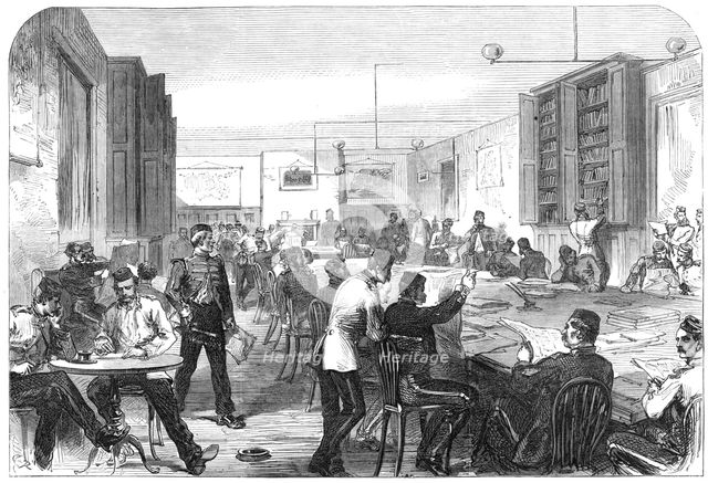 The Camp at Aldershott: soldiers' reading-room, 1868. Creator: C. R..