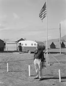 The camp manager at camp entrance, FSA, Merrill, Klamath County, Oregon, 1939. Creator: Dorothea Lange