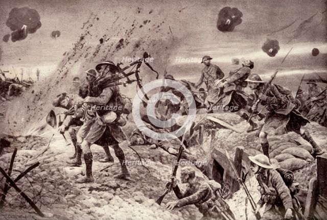 "The Campbells are Coming!" Brave Pipers Playing Highland Regiments to Victory', 1917. Creator: Unknown.