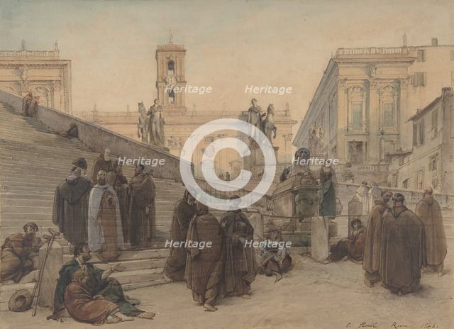 The Campidoglio seen from the Staircase of the Church of the Aracoeli, Rome, at Sunset, 1846. Creator: Charles-Francois Houel.