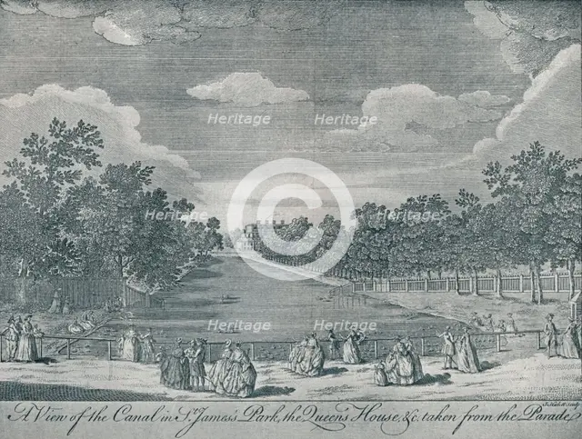 'The Canal in St. James's Park with the Queen's House taken from the Parade', 1794, (1910). Artists: Unknown, John Stevens.