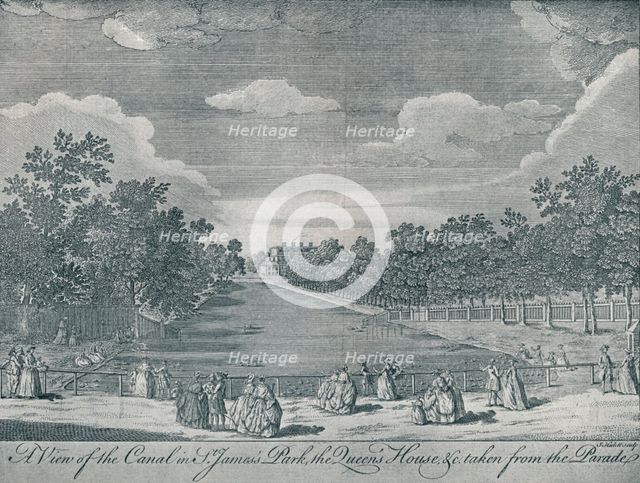 'The Canal in St. James's Park with the Queen's House taken from the Parade', 1794, (1910). Artists: Unknown, John Stevens.
