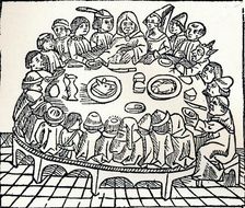 The Canterbury Pilgrims sitting down for a shared meal 1485. Artist: William Caxton