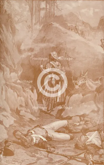 'The Cantinière of the 26th Regiment Climbing The Rocks at Busaco', 1810, (1896).  Artist: Unknown.