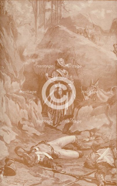 'The Cantinière of the 26th Regiment Climbing The Rocks at Busaco', 1810, (1896).  Artist: Unknown.