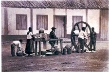 The cassava mill, work in a farming plantation with slaves, lithograph
