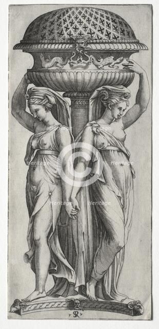 The Cassollette: Women Supporting an Urn, c. 1520-27. Creator: Marco Dente (Italian, c. 1486-1527).