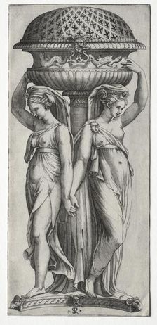 The Cassollette: Women Supporting an Urn, c. 1520-27. Creator: Marco Dente (Italian, c. 1486-1527)