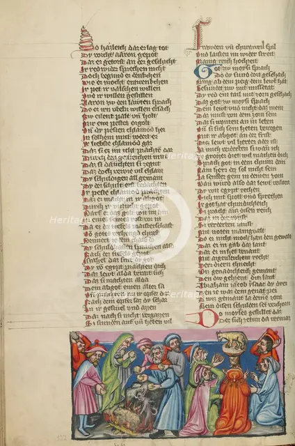 The Casting of the Golden Calf: The Dance around the Golden Calf; Weltchronik, about 1400-1410. Creator: Unknown.