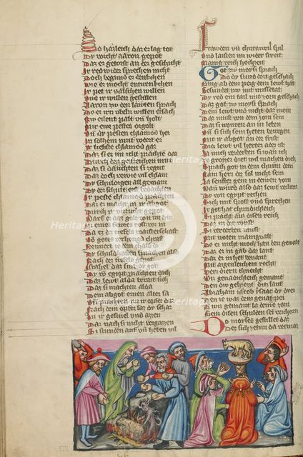 The Casting of the Golden Calf: The Dance around the Golden Calf; Weltchronik, about 1400-1410. Creator: Unknown.