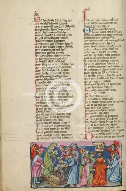 The Casting of the Golden Calf: The Dance around the Golden Calf; Weltchronik, about 1400-1410. Creator: Unknown.