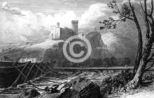 The Castle of Beaucaire and a bridge of boats over the Rhone, France, 1824. Creator: William Bernard Cooke.