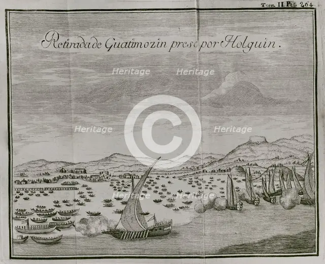 The capture by the Spaniards of Guatimocin, (1496-1525), last emperor of the Aztecs...1521 (1771) Creator: Unknown.