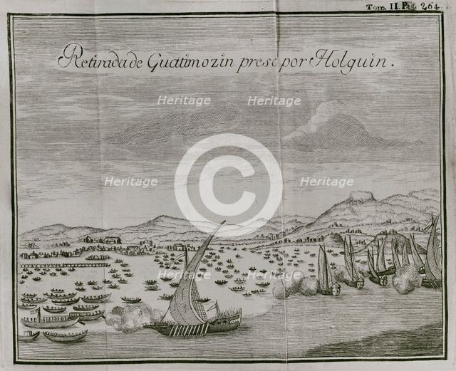 The capture by the Spaniards of Guatimocin, (1496-1525), last emperor of the Aztecs...1521 (1771) Creator: Unknown.