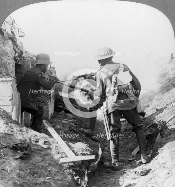 The capture of a German machine-gunner, Croisilles, France, World War I, c1917-c1918. Artist: Realistic Travels Publishers