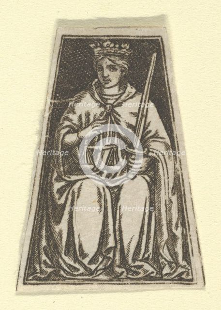 The cardinal virtue of Justice represented by a seated woman holding a pair of sc..., ca. 1480-1520. Creator: Anon.