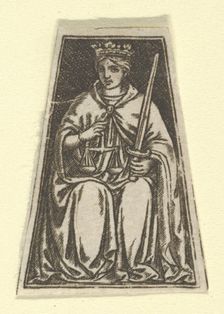 The cardinal virtue of Justice represented by a seated woman holding a pair of sc..., ca. 1480-1520. Creator: Anon