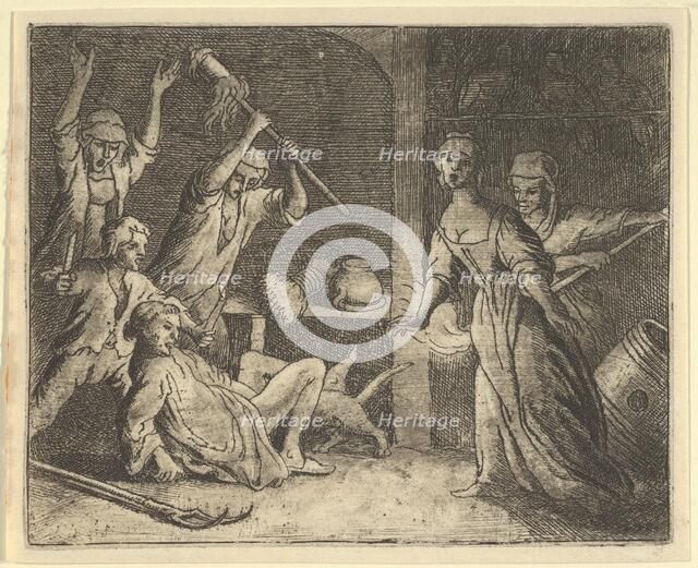 The Cat, Caught in a Snare, is Mistreated by the People from the House, 1650-75. Creator: Allart van Everdingen.