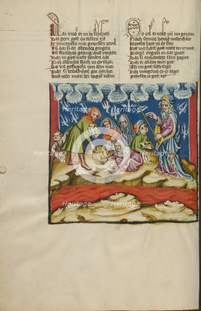 The Catching of Quails; Weltchronik, about 1400-1410. Creator: Unknown.