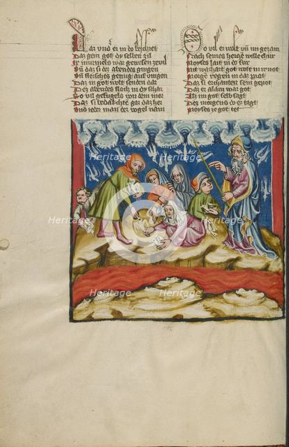 The Catching of Quails; Weltchronik, about 1400-1410. Creator: Unknown.