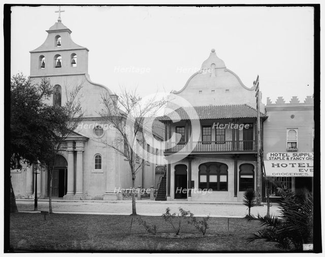 The Cathedral and First National Bank, St. Augustine, Fla., c1904. Creator: Unknown.