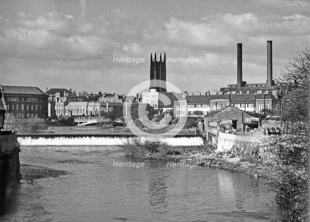 The Cathedral and the weir on the River Derwent, Derby, Derbyshire. Artist: H Brighouse