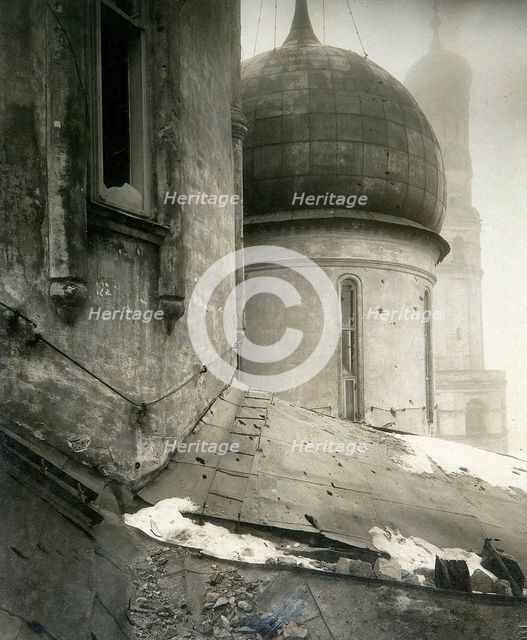 The Cathedral of the Dormition in the Moscow Kremlin after shelling in November 1917. Artist: Pyotr Petrovich Pavlov