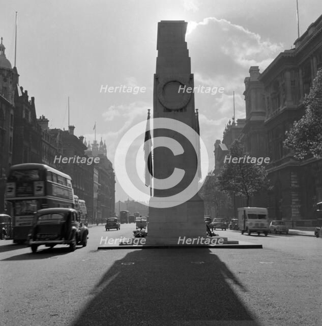 The Cenotaph, looking south along Parliament Street, Whitehall, London, 1959. Artist: Historic England Staff Photographer.