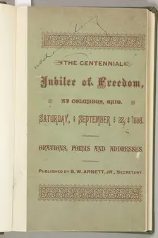 The Centennial Jubilee of Freedom at Columbus, Ohio, cover, 1888. Creator: Unknown