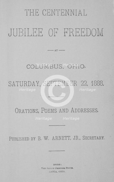 The Centennial Jubilee of Freedom at Columbus, Ohio, title page, 1888. Creator: Unknown.