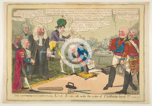 The Ceremony of Investiture of My L**d S**m**th with the Order of Cabbage-hood, ca. June 1819. Creator: JL Marks.