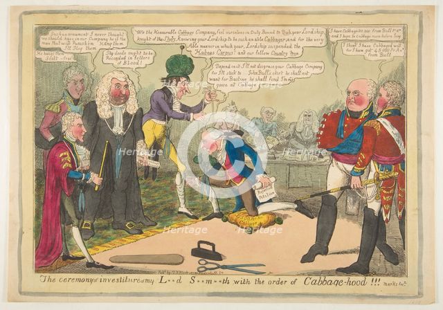 The Ceremony of Investiture of My L**d S**m**th with the Order of Cabbage-hood, ca. June 1819. Creator: JL Marks.