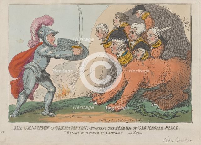The Champion of Oakhampton, Attacking the Hydra of Gloucester Place, March 15, 1809., March 15, 1809 Creator: Thomas Rowlandson.