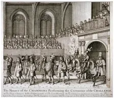 The Champions performing the ceremony of the Challenge, Westminster Hall, London, 1821. Artist: Anon