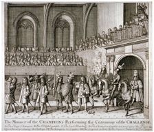 The Champions performing the ceremony of the Challenge, Westminster Hall, London, 1821. Artist: Anon