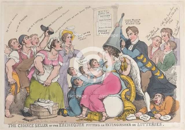 The Chance Seller of the Exchequer Putting an Extinguisher on Lotteries, Sep..., September 18, 1823. Creator: Thomas Rowlandson.