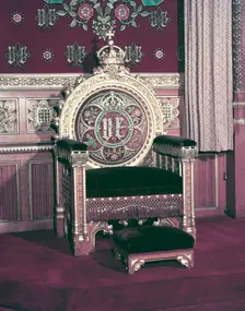 The Chair of State in the Robing Room at the Palace of Westminster, 1953. Creator: Arthur Charles Kirby Ware
