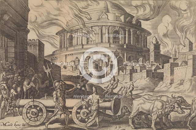 The Chaldeans Carrying Away the Pillars of the Temple of Jerusalem, from The Disasters of ..., 1569. Creator: Philip Galle.