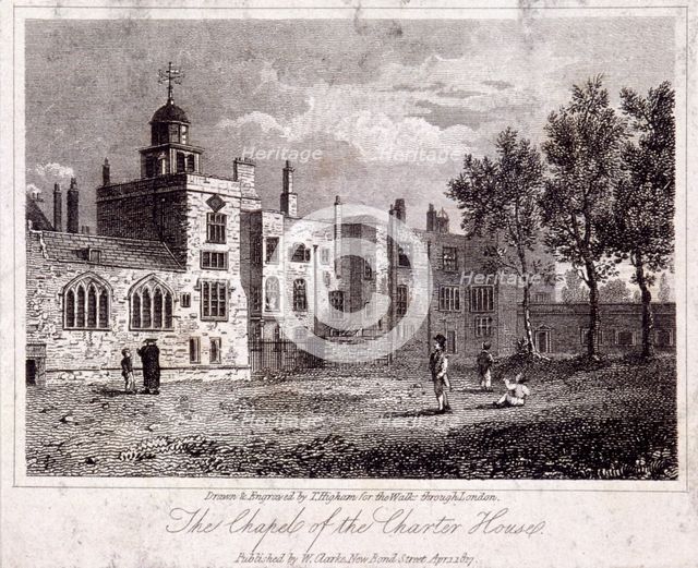 The chapel at Charterhouse with figures, Finsbury, London, 1817. Artist: Thomas Higham