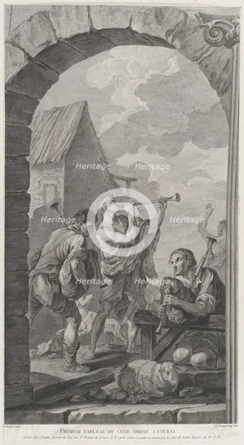 The Chapel of the Enfants-Trouvés in Paris: Groupe des bergers: joueurs de trompes et de m..., 1754. Creator: Etienne Fessard.