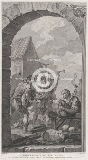 The Chapel of the Enfants-Trouvés in Paris: Groupe des bergers: joueurs de trompes et de m..., 1754. Creator: Etienne Fessard.
