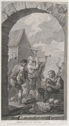 The Chapel of the Enfants-Trouvés in Paris: Groupe des bergers: joueurs de trompes et de m..., 1754. Creator: Etienne Fessard