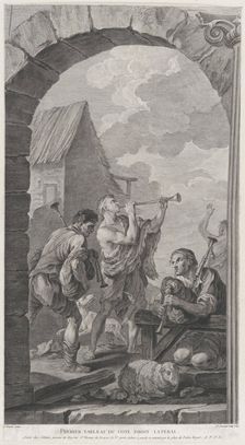 The Chapel of the Enfants-Trouvés in Paris: Groupe des bergers: joueurs de trompes et de m..., 1754. Creator: Etienne Fessard