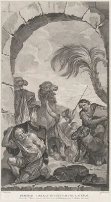 The Chapel of the Enfants-Trouvés in Paris: La Suite des rois mages: chameliers et porteur..., 1756. Creator: Etienne Fessard