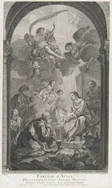 The Chapel of the Enfants-Trouvés in Paris: Les Rois mages Gaspard et Melchior adorant l'E..., 1752. Creator: Etienne Fessard