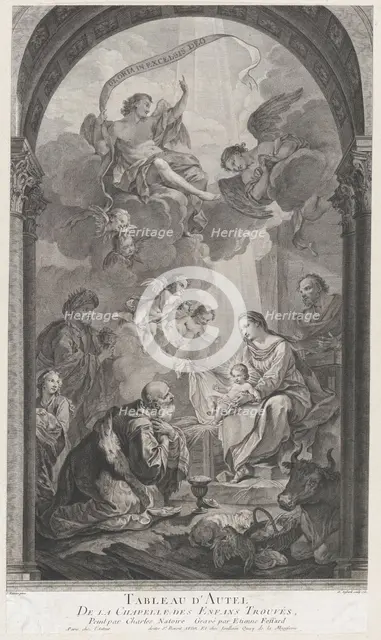 The Chapel of the Enfants-Trouvés in Paris: Les Rois mages Gaspard et Melchior adorant l'E..., 1752. Creator: Etienne Fessard.