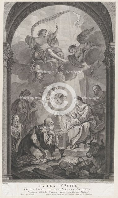 The Chapel of the Enfants-Trouvés in Paris: Les Rois mages Gaspard et Melchior adorant l'E..., 1752. Creator: Etienne Fessard.