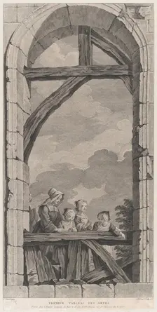 The Chapel of the Enfants-Trouvés in Paris: Religieuse et petites filles regardant la crèc..., 1756. Creator: Etienne Fessard